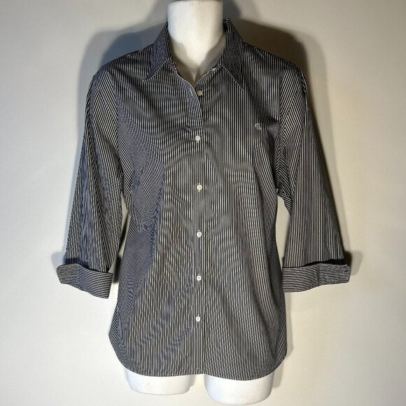 Lauren SZ 2X Navy Pinstripe Cotton Shirt Button Front Old Money Academia Classic - Picture 1 of 11